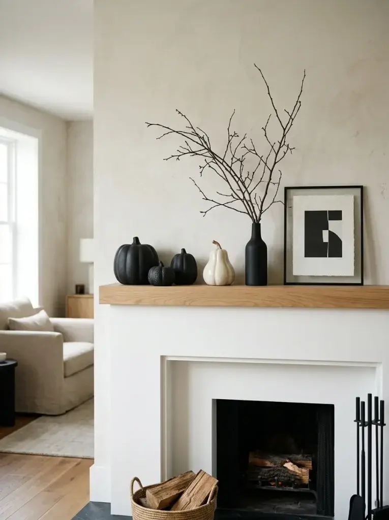 A minimalist white fireplace featuring sculptural black pumpkins, a pale ceramic gourd, bare branches, and simple monochrome artwork.