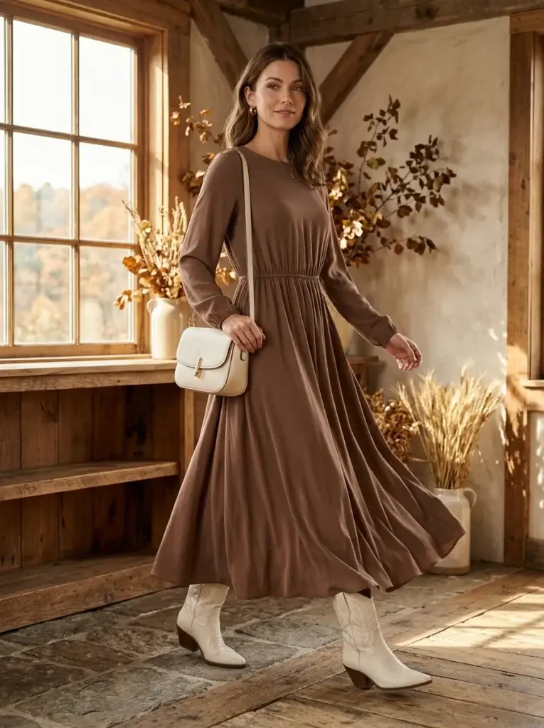 A mocha-brown long-sleeve maxi dress styled with ivory Western boots, delicate gold earrings, and a cream crossbody bag.