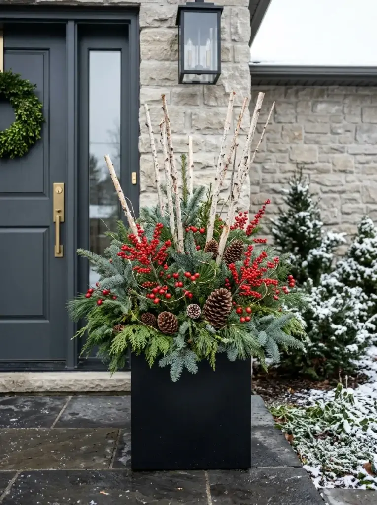 A modern black cube planter filled with lush evergreen branches, bright red berries, and delicate birch stems.