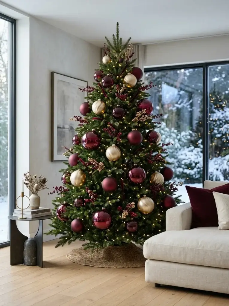 A modern burgundy Christmas tree featuring oversized wine-red baubles, sculptural gold globes, and minimal ribbon.