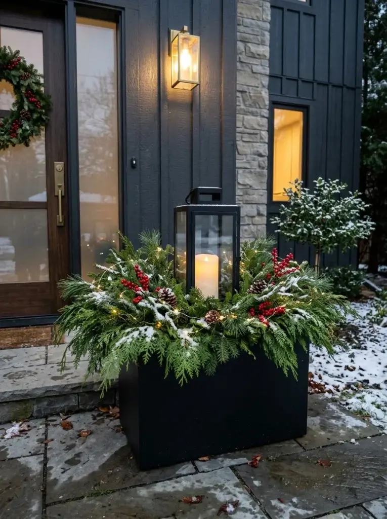 A modern Christmas planter featuring sweeping cedar branches, pinecones, red berries, and a glowing central lantern.
