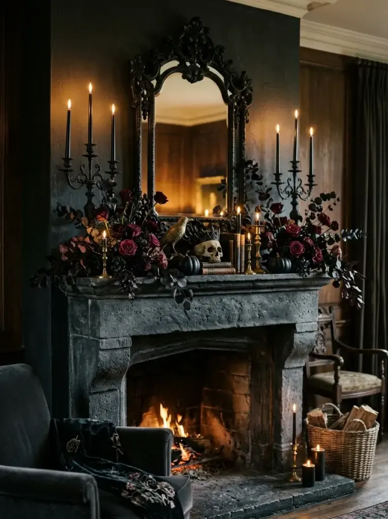 A moody gothic fireplace mantel with dark roses, antique candleholders, black pumpkins, and an ornate mirror.