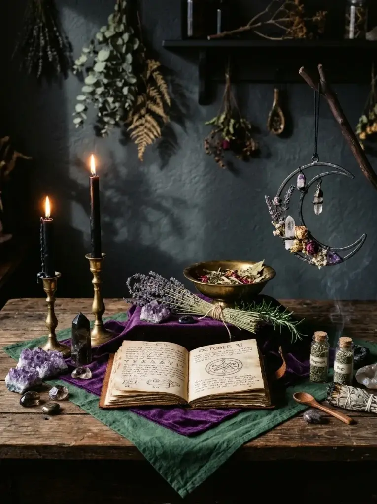 A mystical witch altar featuring black candles, antique brass holders, decorative crystals, dried herbs, and a crescent moon ornament on a rustic wooden table.