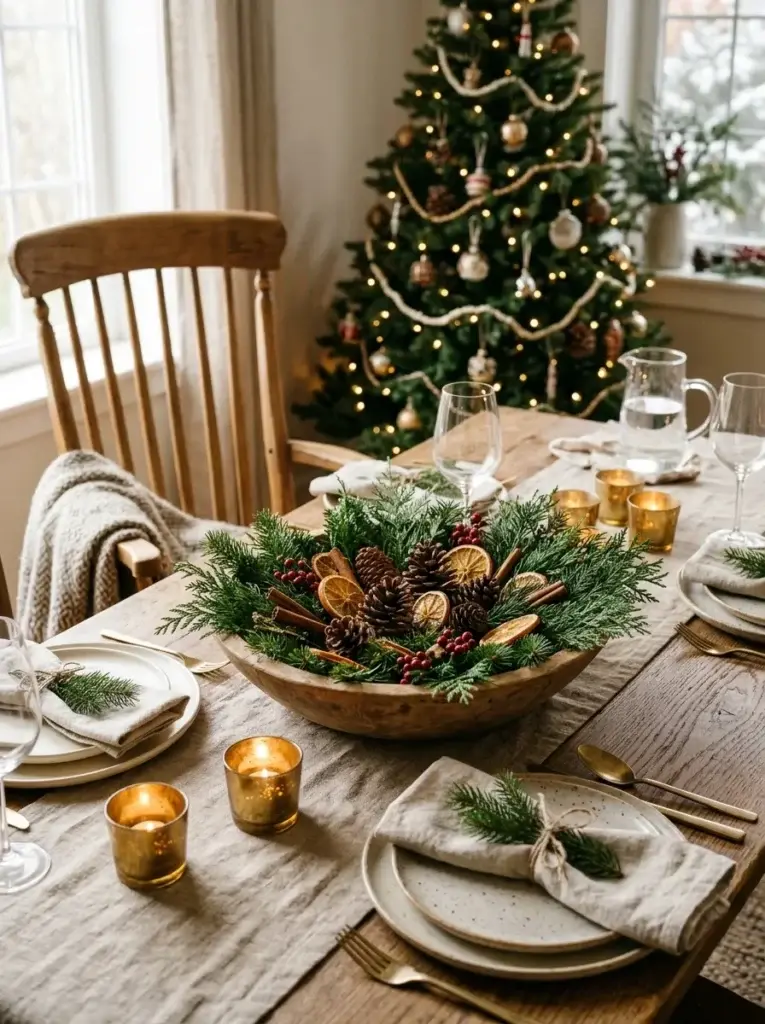 A natural Christmas centerpiece featuring pinecones, cedar sprigs, dried orange slices, and warm neutral tableware.