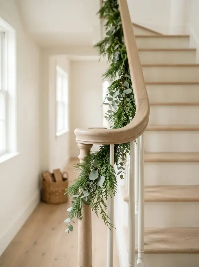 A natural evergreen Christmas garland draped simply along a pale wooden staircase railing.