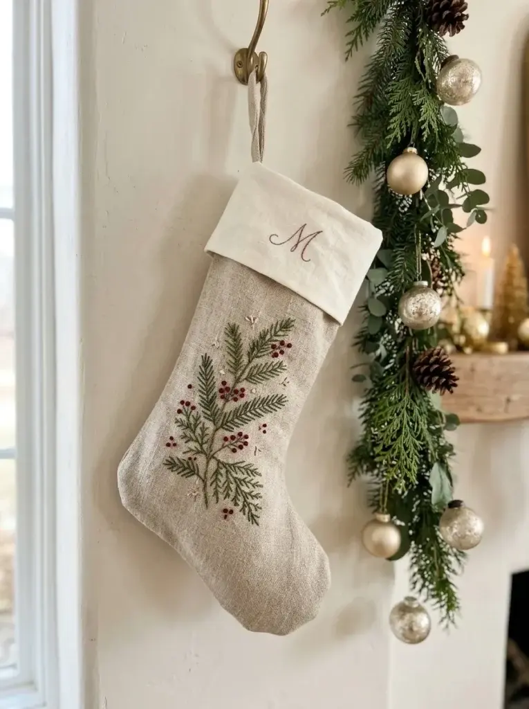 A natural linen Christmas stocking with an ivory cuff, embroidered evergreen branches, burgundy berries, and a personalized initial.