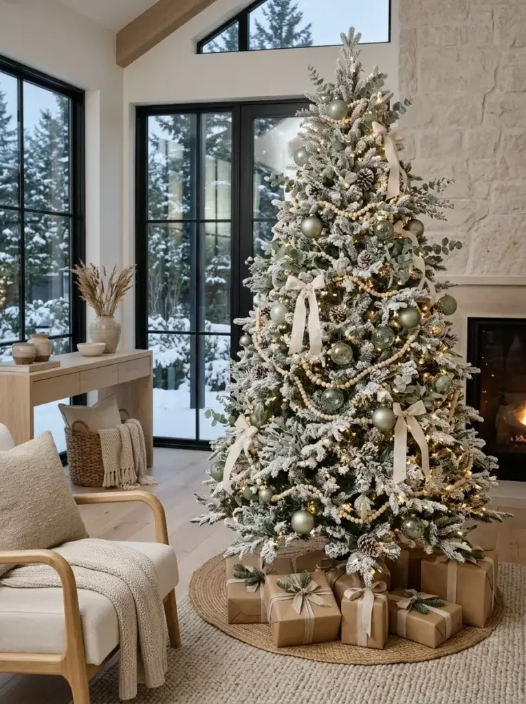 A natural white Christmas tree with sage-green baubles, botanical sprigs, wooden beads, and warm fairy lights.