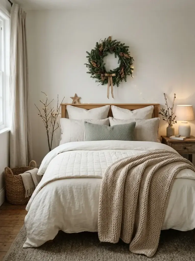A neutral Christmas bedroom featuring layered ivory bedding, oatmeal textures, sage-green accents, and understated seasonal greenery.