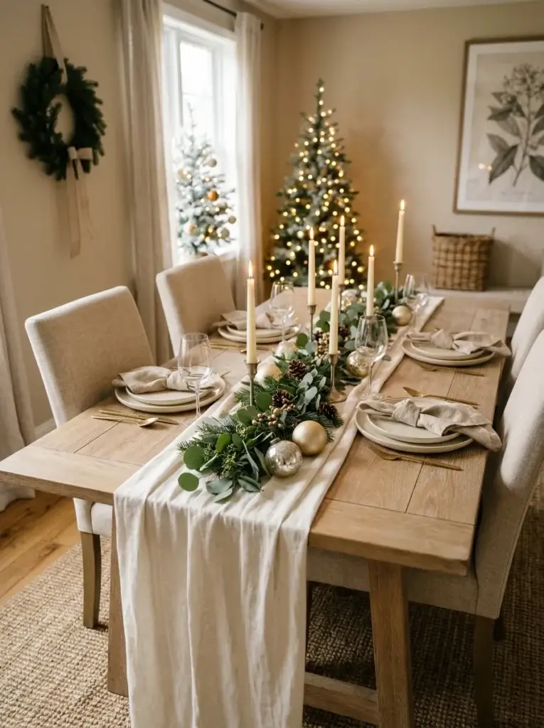 A neutral Christmas dining room with ivory linens, cream dinnerware, muted gold candleholders, and natural greenery.