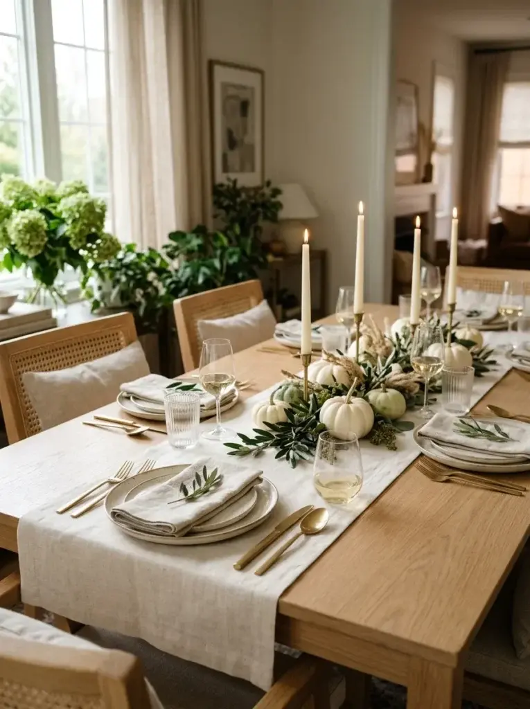 A neutral Thanksgiving tablescape with cream pumpkins, pale green gourds, ivory linen, and understated brass accents.