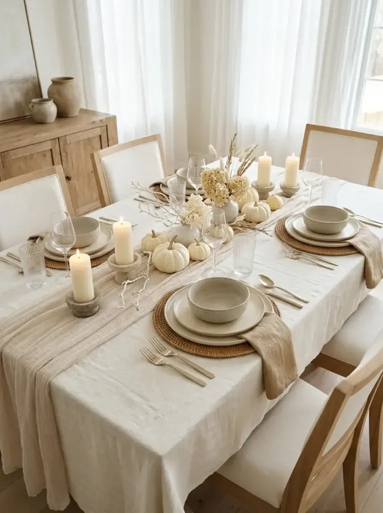 A neutral Thanksgiving tablescape with ivory linens, beige napkins, white pumpkins, textured stoneware, and understated candles.