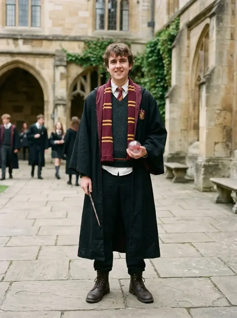 A Neville-inspired Hogwarts student costume with a gray sweater, black robe, striped scarf, wand, and red-tinted decorative ball.