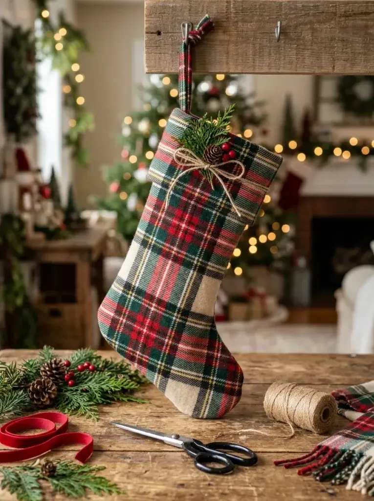 A no-sew plaid scarf Christmas stocking with a folded fabric shape, matching cuff, and coordinating hanging loop.