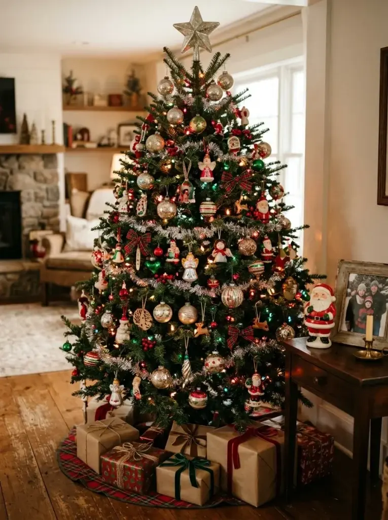 A nostalgic Christmas tree decorated with colorful glass baubles, heirloom-style ornaments, vintage figurines, and traditional holiday lights.