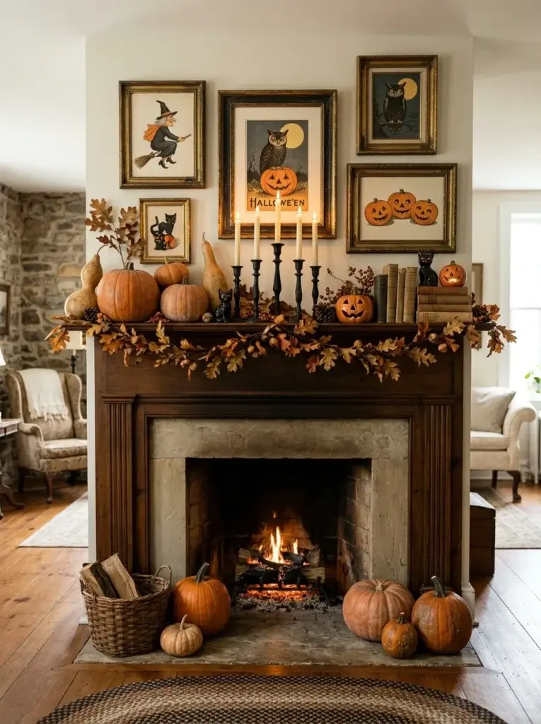 A nostalgic fireplace mantel decorated with pumpkins, antique candleholders, vintage illustrations, and black cat figurines.
