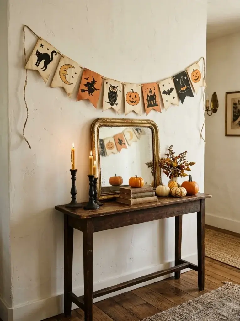 A nostalgic Halloween banner hanging above a wooden console styled with pumpkins, antique books, and candleholders.
