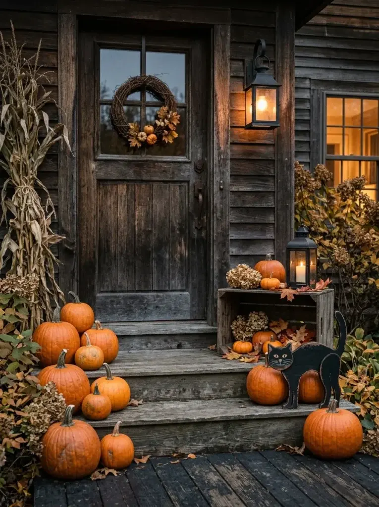 A nostalgic Halloween porch with pumpkins, rustic wooden crates, an old-fashioned lantern, and autumn foliage.