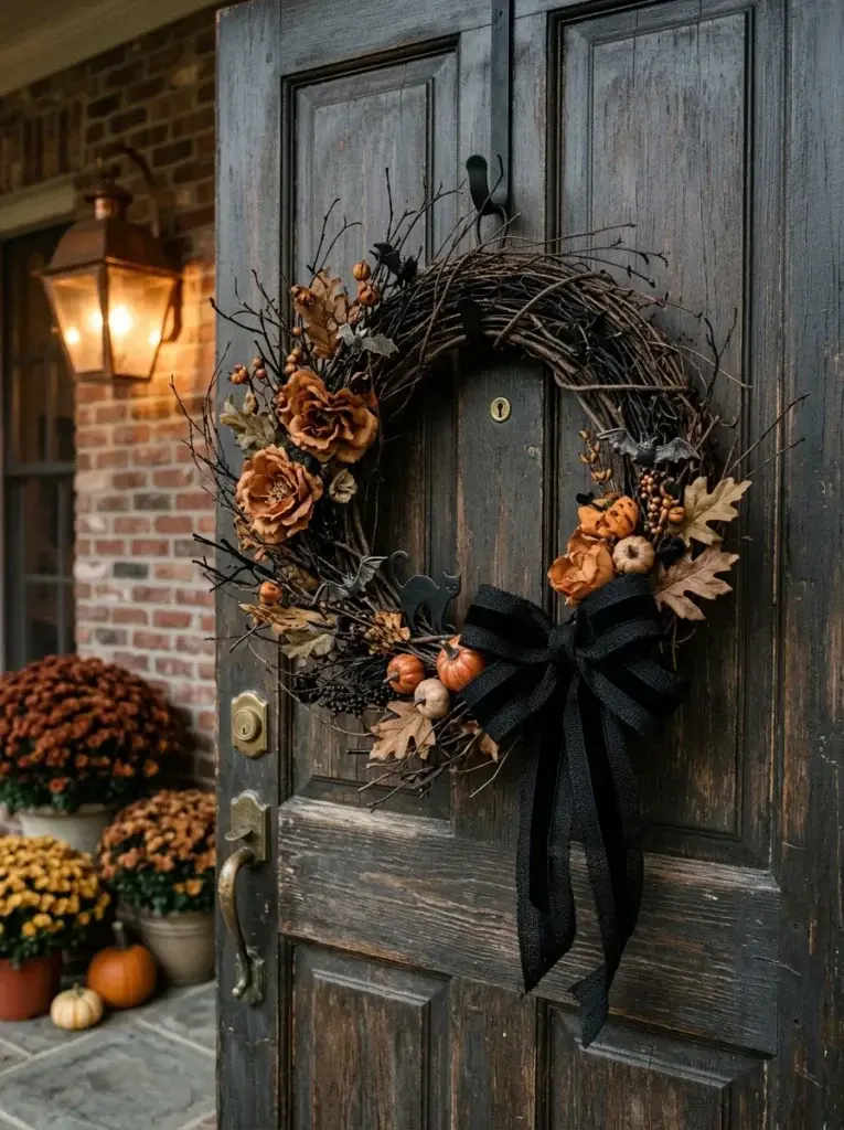 A nostalgic Halloween wreath featuring twig branches, muted orange flowers, black ribbon, and miniature pumpkins.