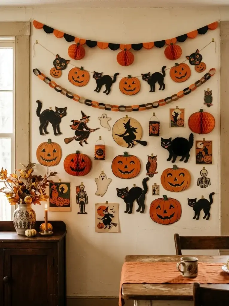 A nostalgic wall display of retro Halloween paper cutouts, smiling pumpkins, witches, and orange-and-black garlands.