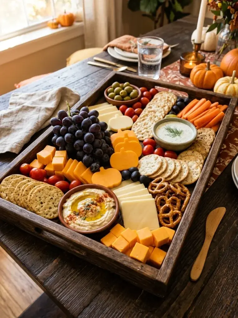 A photorealistic Halloween snack board featuring crackers, cheeses, grapes, olives, vegetables, dips, and pumpkin-shaped cheese pieces arranged on a rustic wooden tray.