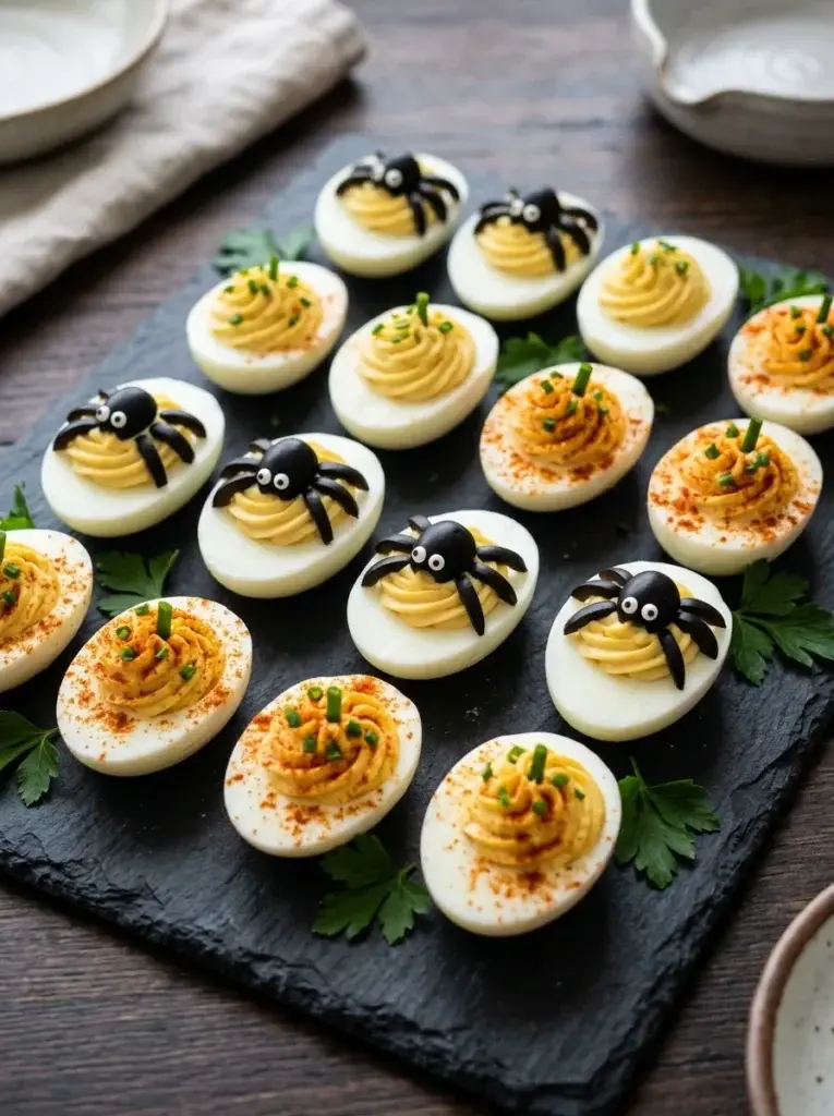 A platter of creamy deviled eggs decorated with black olive spiders, paprika, chives, and fresh parsley for a Halloween party.