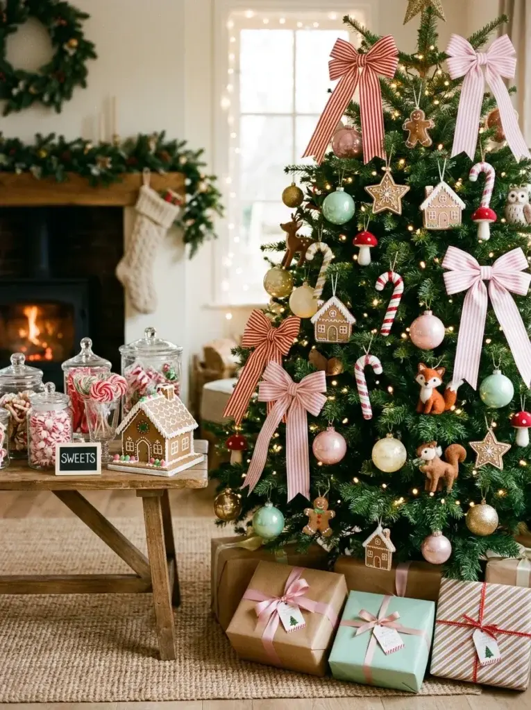 A playful Christmas tree featuring pastel ornaments, peppermint stripes, gingerbread decorations, and colorful oversized bows.