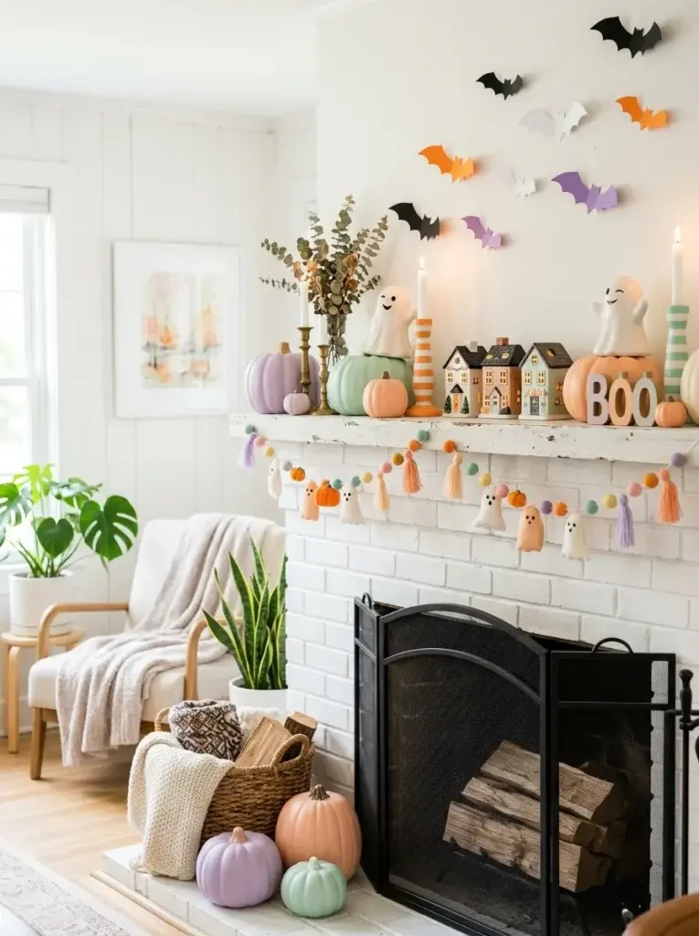 A playful Halloween fireplace with pastel pumpkins, friendly ghost figurines, colorful bats, and cheerful seasonal accessories.