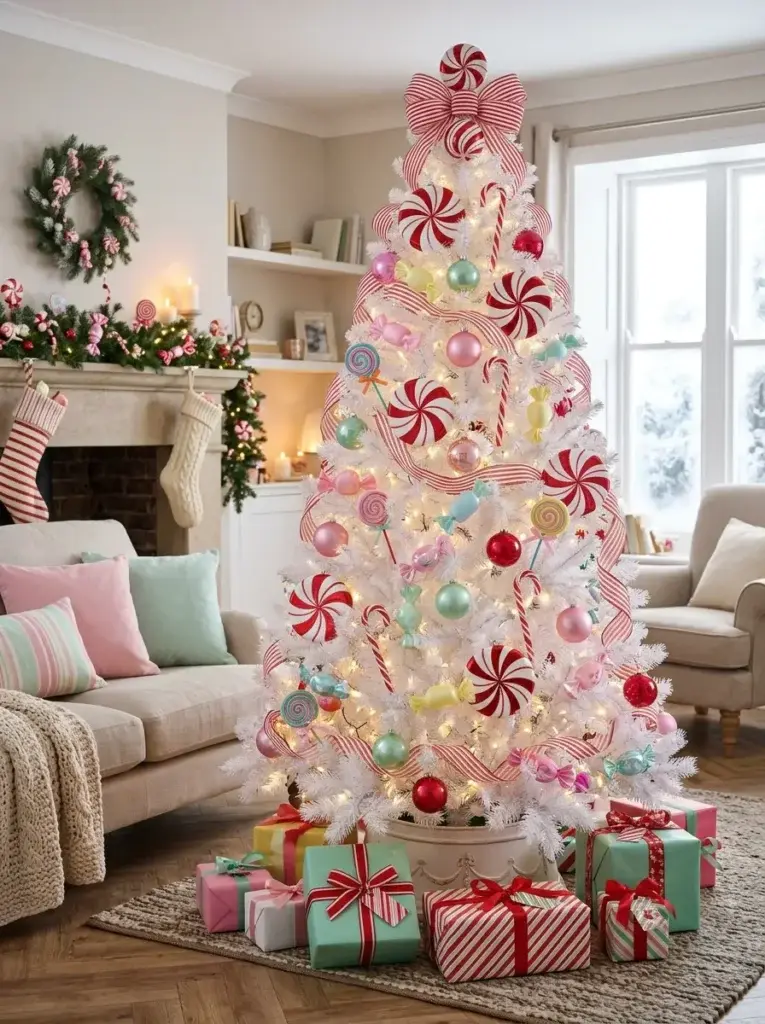 A playful white Christmas tree decorated with peppermint ornaments, candy canes, pastel baubles, and colorful festive ribbons.