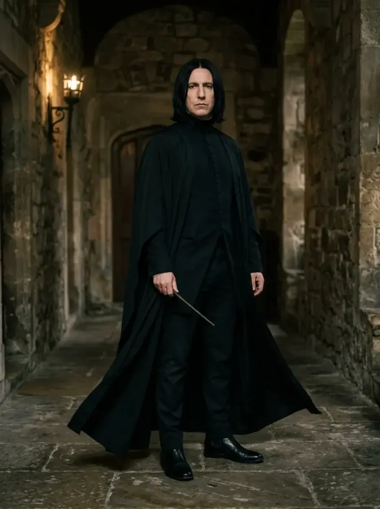A Professor Snape-inspired costume with a long black robe, high-neck shirt, dark trousers, black boots, and straight black hair.