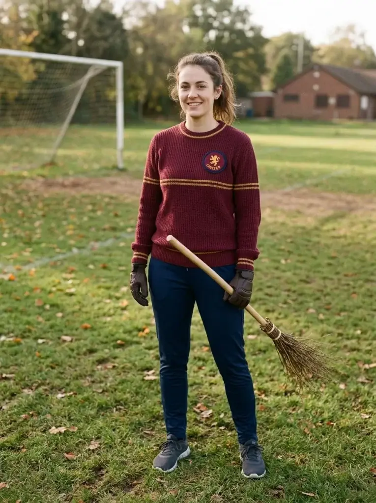 A Quidditch-inspired Halloween costume featuring a burgundy athletic sweater, dark sports trousers, trainers, gloves, and a broomstick.