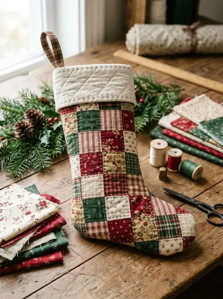 A quilted patchwork Christmas stocking made from cranberry, forest-green, cream, and muted-gold fabric squares.