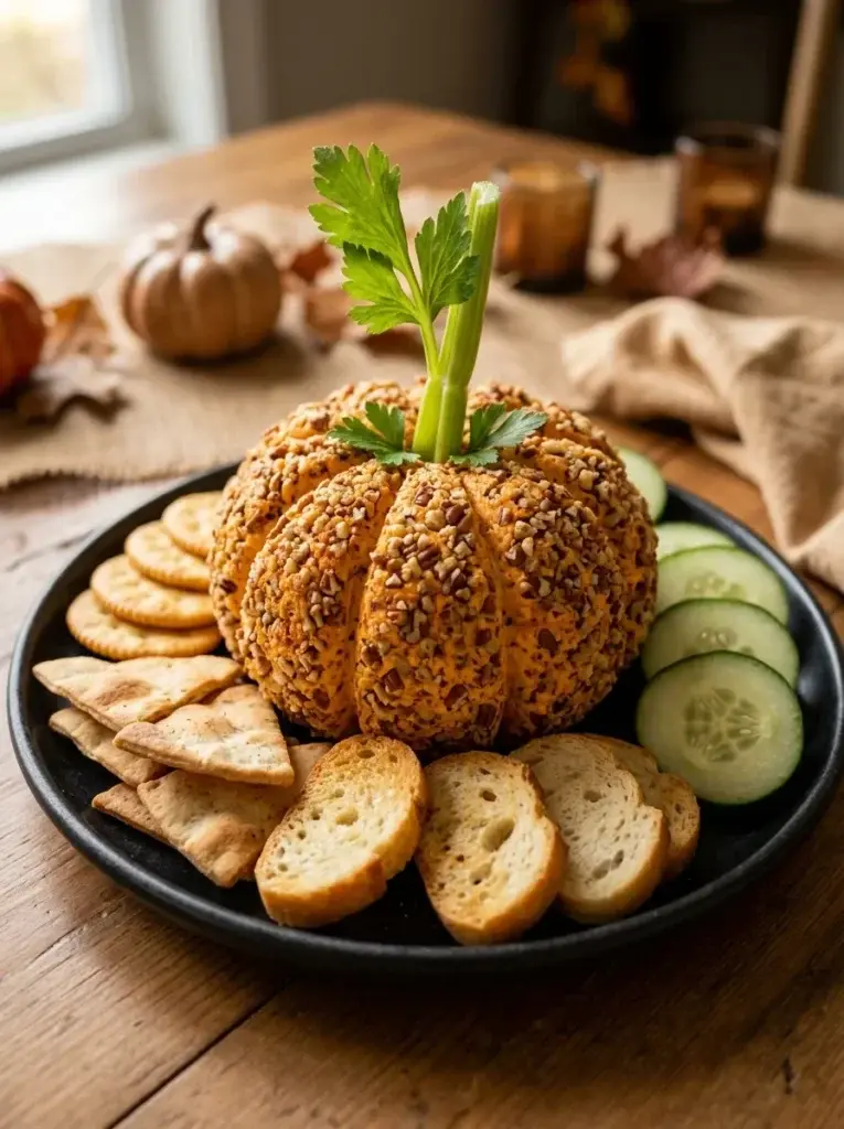 A realistic pumpkin-shaped cheddar cheese ball with a celery stem, chopped nut coating, crackers, cucumber slices, and fresh herbs on a black platter.