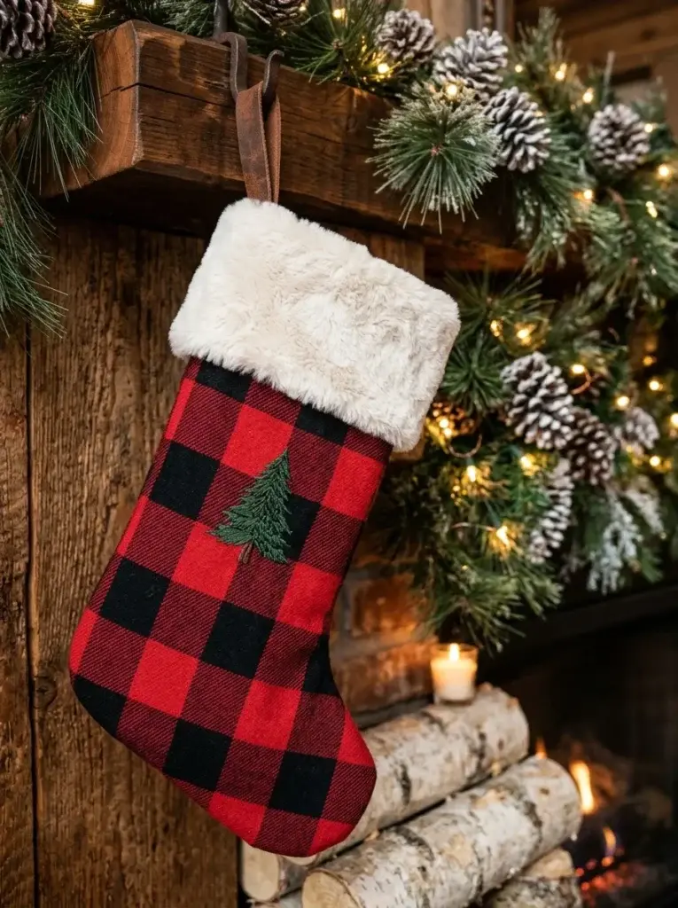A red-and-black buffalo-check Christmas stocking with a cream faux-fur cuff, brown hanging loop, and embroidered evergreen tree.