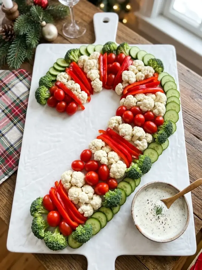 A red-and-white candy cane vegetable platter made from cherry tomatoes, red pepper strips, and cauliflower florets with green accents.