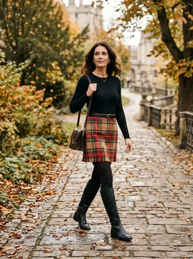 A red, camel, and forest-green plaid mini skirt paired with a black ribbed top, opaque tights, and knee-high black boots.