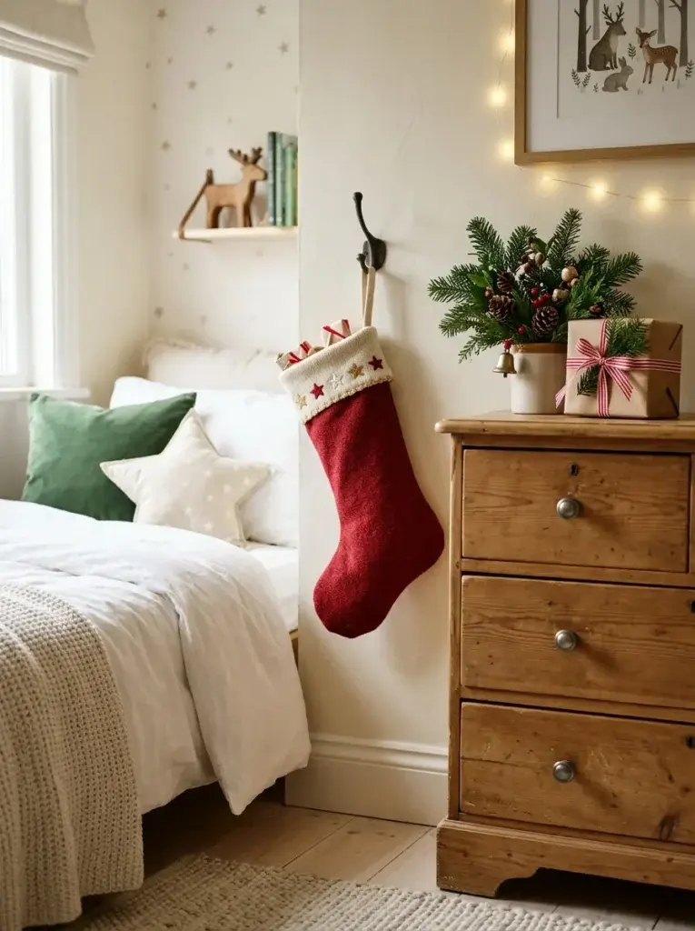 A red fabric Christmas stocking with cream trim and embroidered stars hanging beside a wooden dresser in a cozy child’s bedroom.