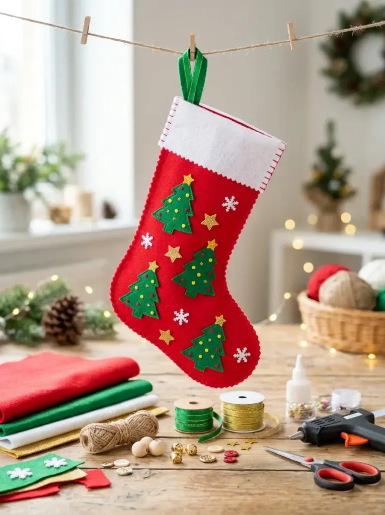 A red felt Christmas stocking decorated with green felt trees, white snowflakes, gold stars, and a white cuff.