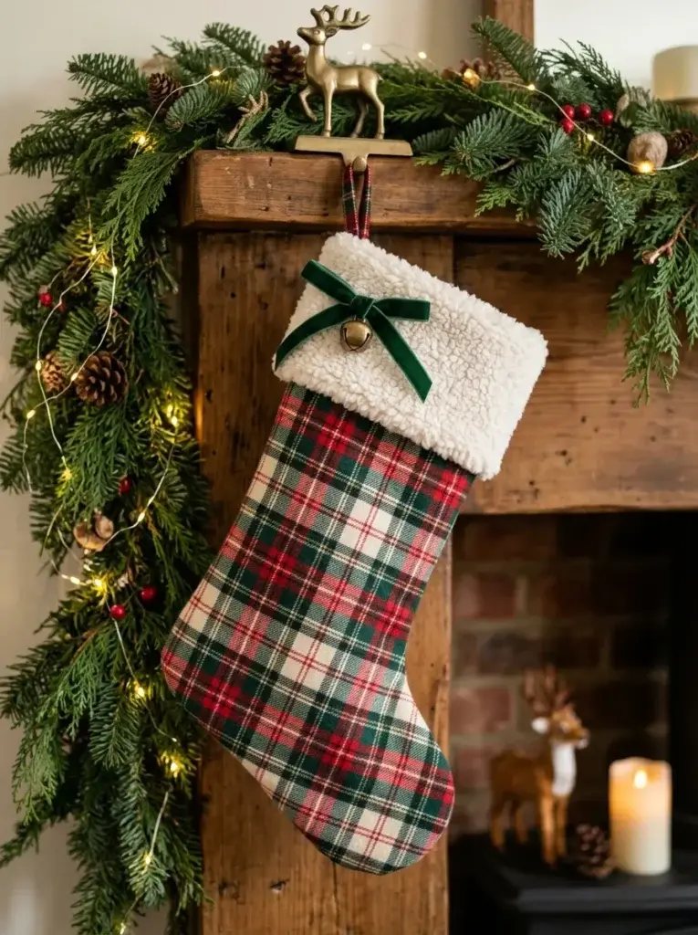 A red, green, and cream plaid Christmas stocking with a fluffy sherpa cuff, velvet ribbon, and brass bell.