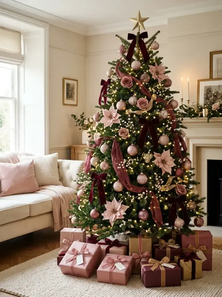 A romantic burgundy and blush Christmas tree with dusty pink ornaments, velvet bows, and champagne accents.