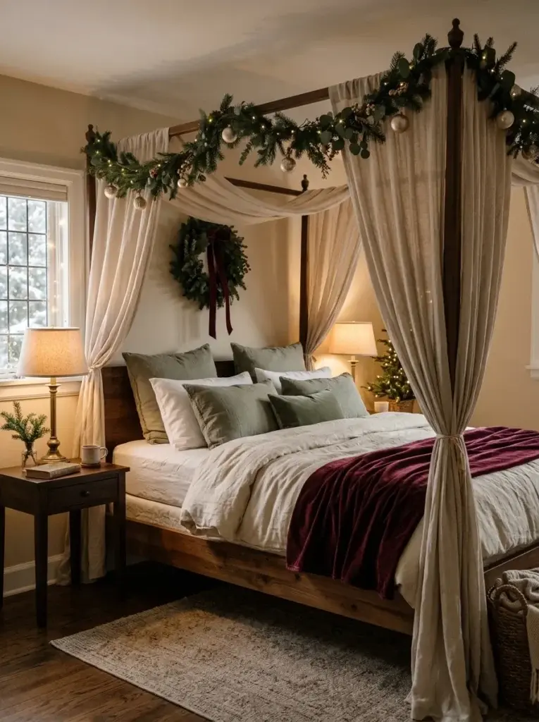 A romantic Christmas bedroom featuring a four-poster bed, flowing canopy fabric, evergreen accents, and luxurious layered bedding.