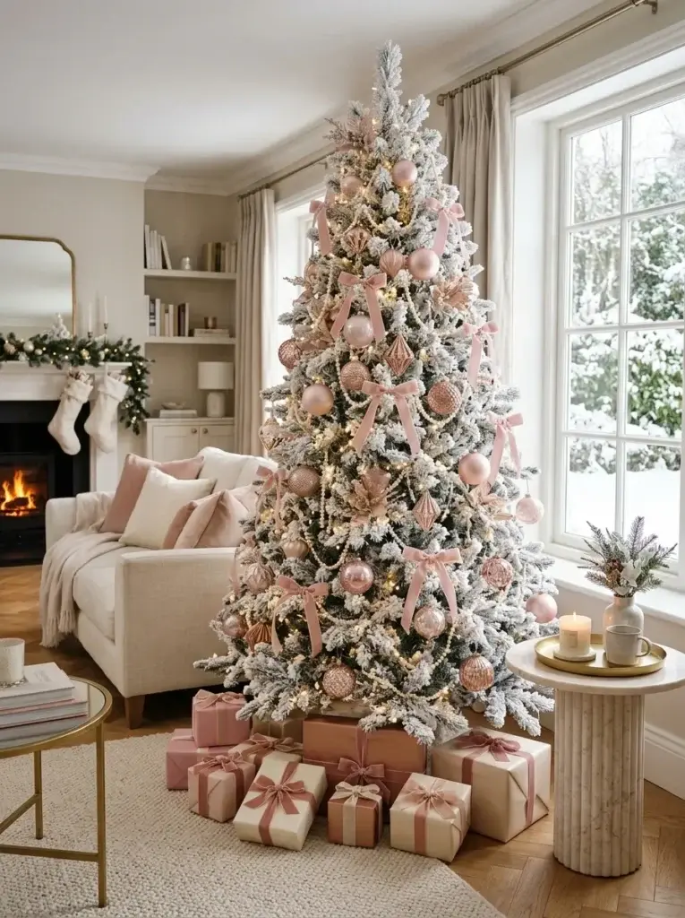 A romantic white Christmas tree with blush-pink baubles, rose-gold ornaments, velvet ribbons, and warm fairy lights.