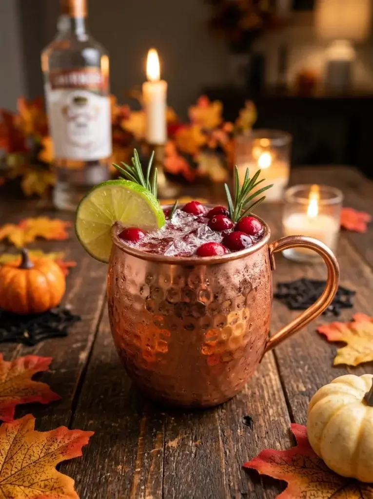 A ruby-red cranberry Moscow mule served in a copper mug with fresh cranberries, lime, and rosemary.