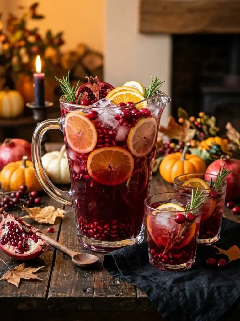 A ruby-red pomegranate poison punch with floating citrus, pomegranate seeds, ice, and autumn decorations.