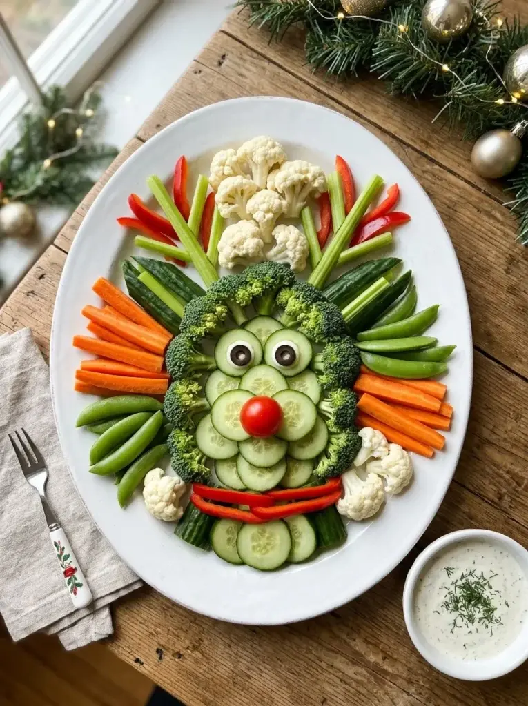A Rudolph-inspired vegetable platter featuring a red cherry tomato nose, black olive eyes, celery antlers, and fresh green vegetables.