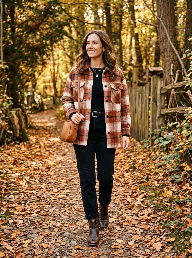 A rust and cream plaid shacket layered over a black top with black jeans, brown Western boots, and a tan crossbody bag.