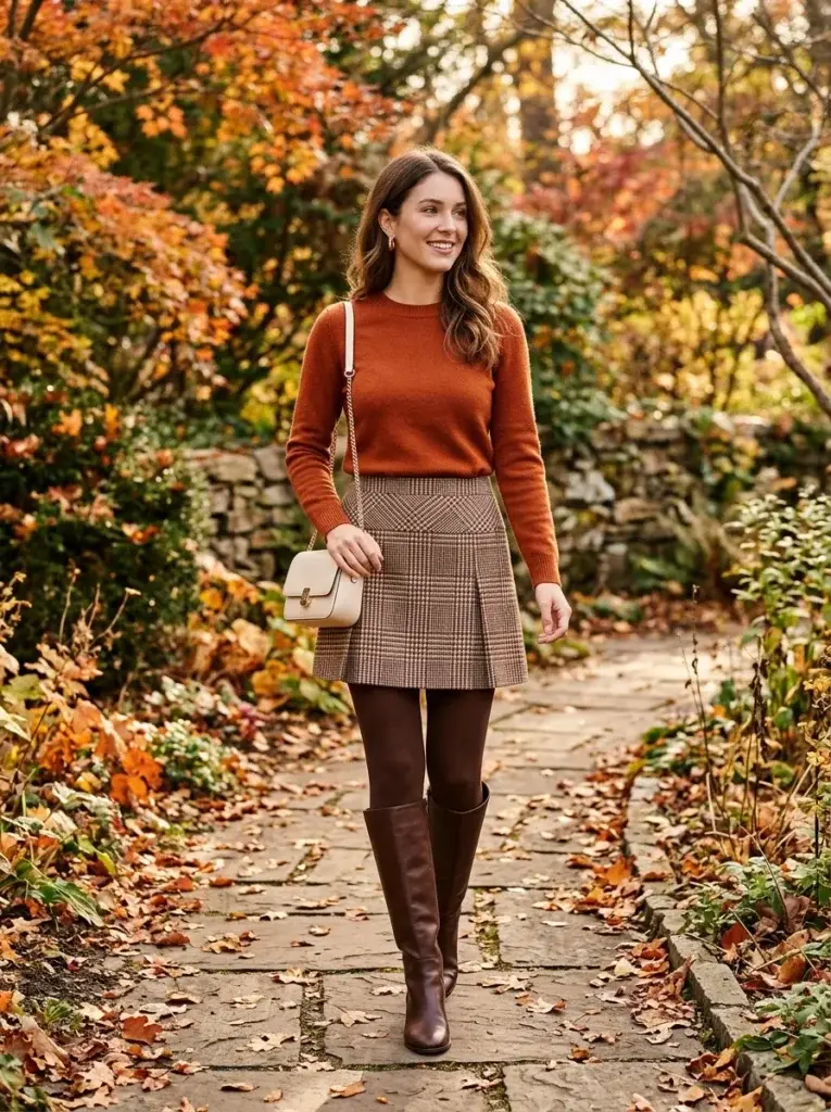 A rust-orange knit sweater paired with a brown plaid mini skirt, chocolate knee-high boots, and a cream handbag.
