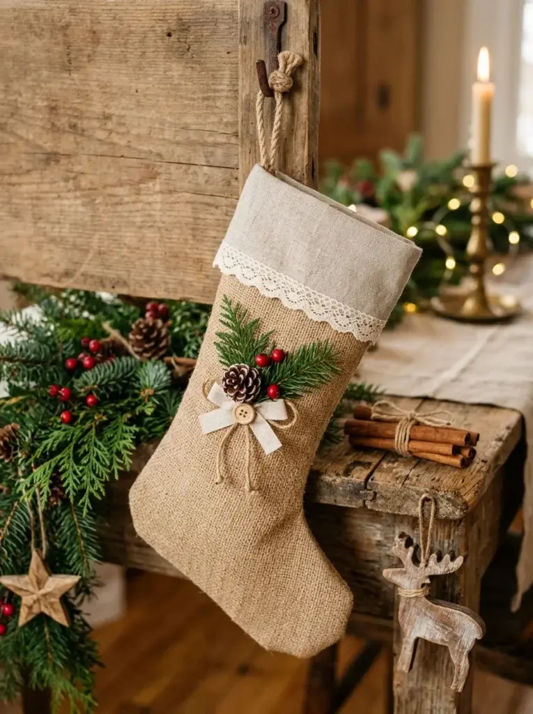 A rustic burlap Christmas stocking with an oatmeal linen cuff, ivory lace trim, and natural jute details.