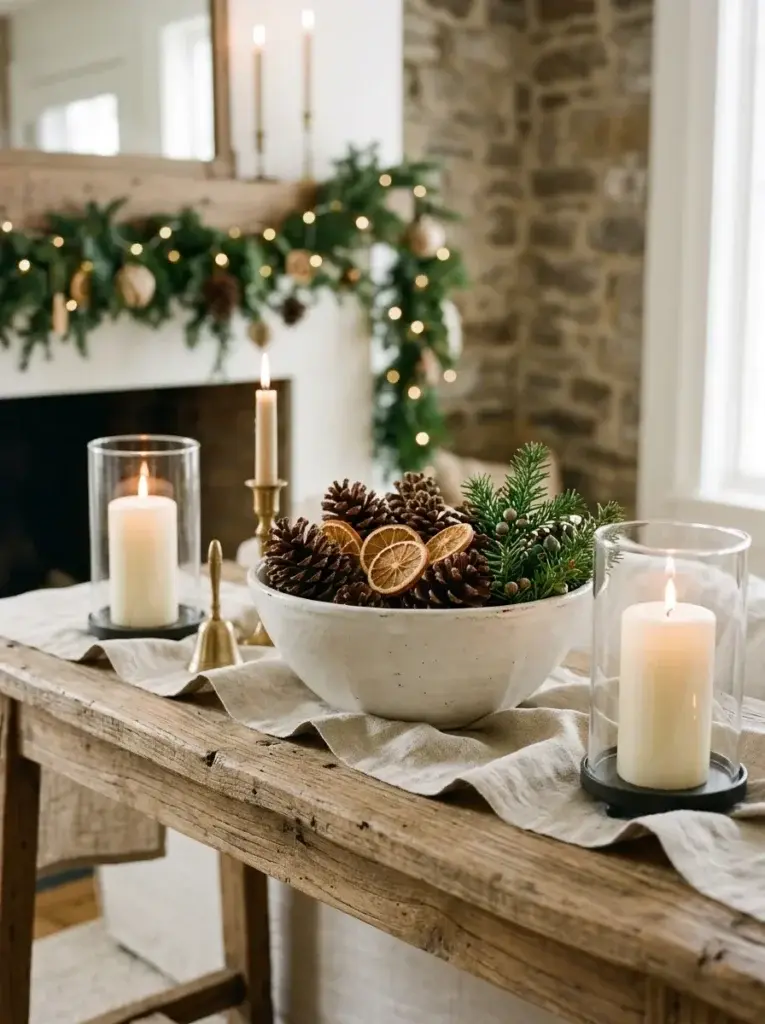 A rustic Christmas centerpiece featuring natural pinecones, evergreen sprigs, dried oranges, ivory candles, and neutral ceramic accessories.