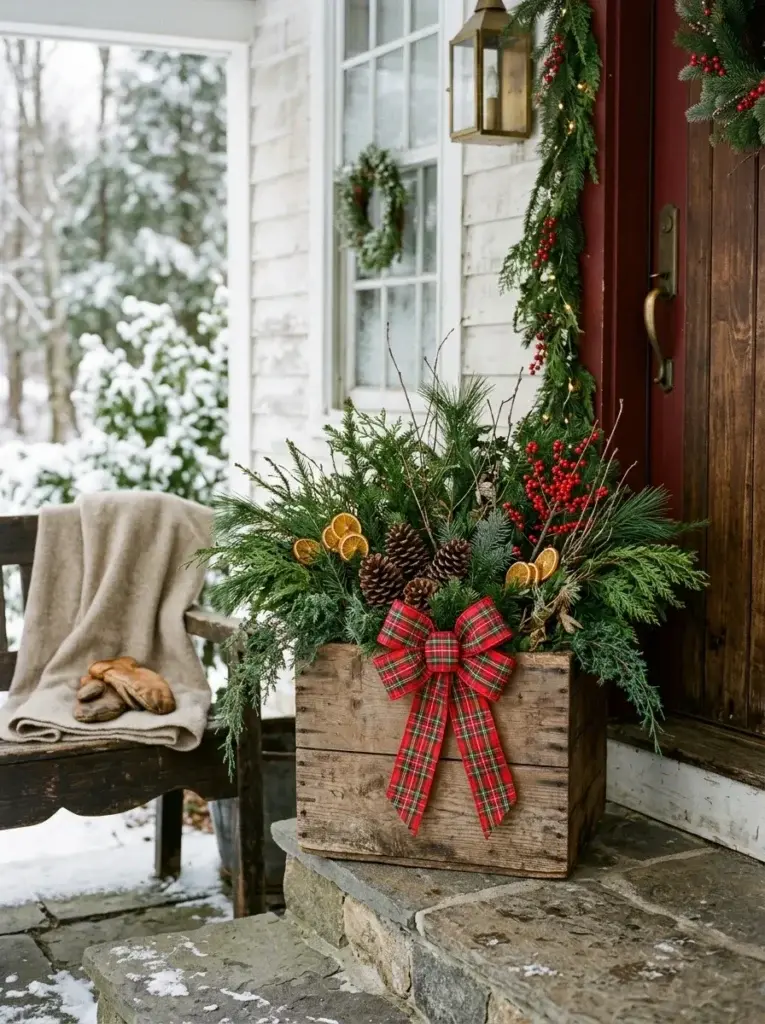 A rustic Christmas planter made from a wooden crate with cedar, pinecones, dried orange slices, red berries, and plaid ribbon.
