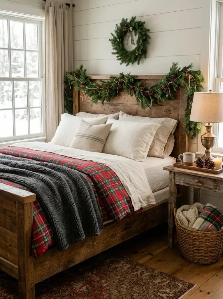 A rustic farmhouse Christmas bedroom with creamy bedding, checkered textiles, reclaimed wood, and natural evergreen decorations.